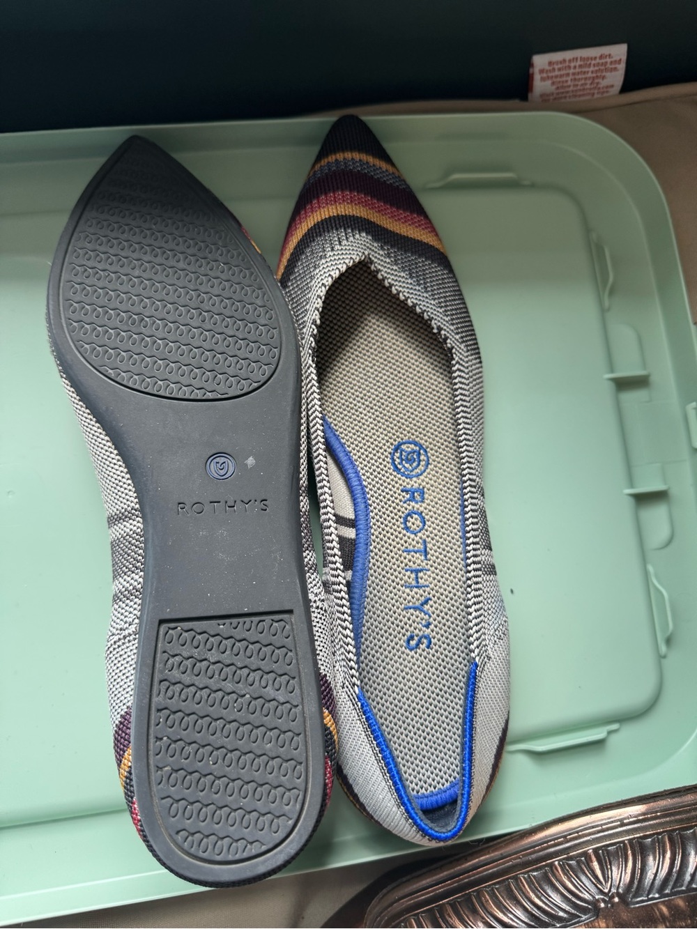 Rothy's Pointed Toe Flats in Gray with inverse Stripes
